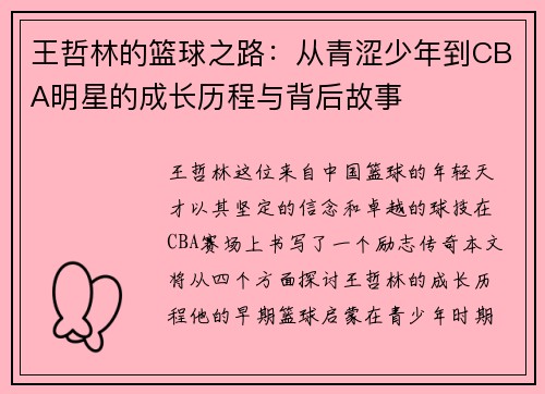 王哲林的篮球之路：从青涩少年到CBA明星的成长历程与背后故事